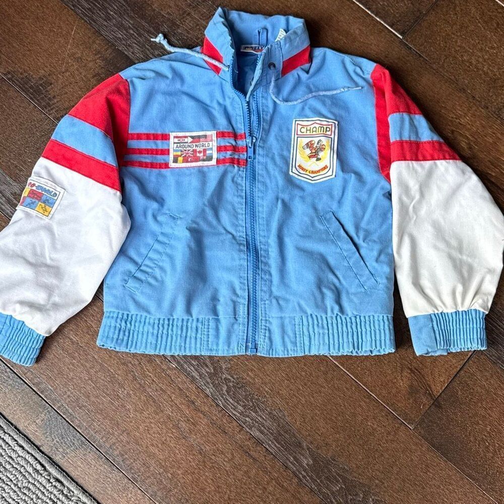 Vintage RallyE kids racing jacket size 6 blue hidden hood 80s blue white‎ red